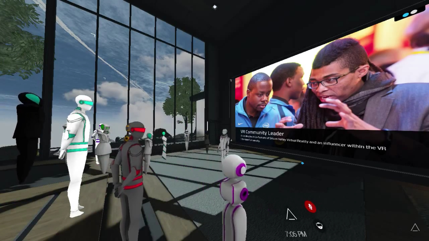Bruce Wooden, Co-founder/Head of Experience from AltSpaceVR seen onscreen (right) while in AltSpaceVR